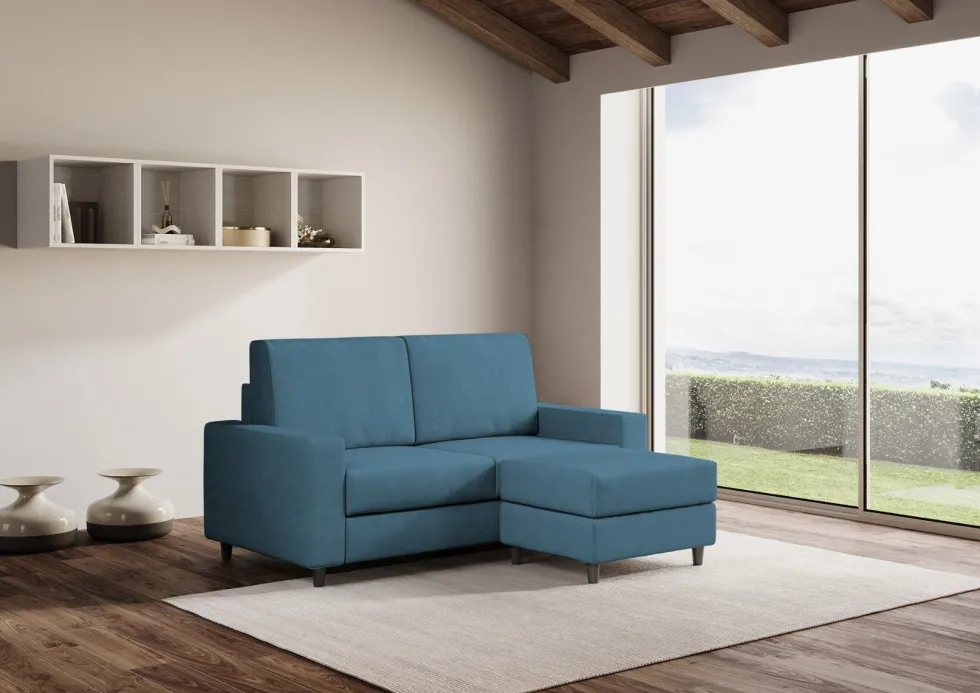 Divano 168x85cm design a due posti con bracciolo geometrico con pouf idrorepellente blu avio DI16