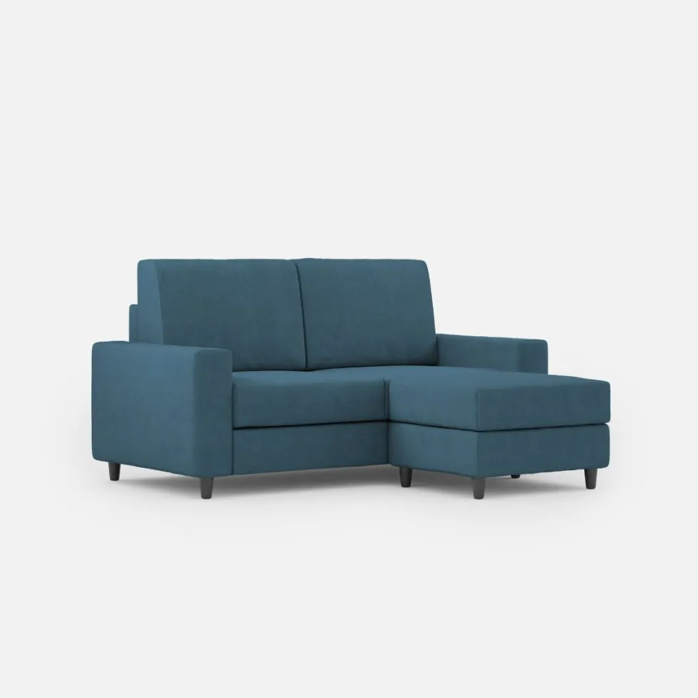 Divano 168x85cm design a due posti con bracciolo geometrico con pouf idrorepellente blu avio DI16