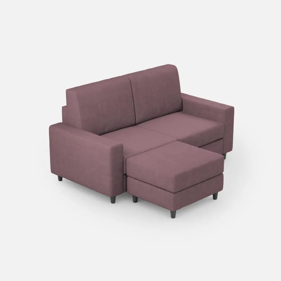 Divano 168x85cm design a due posti con bracciolo geometrico con pouf idrorepellente prugna DI16