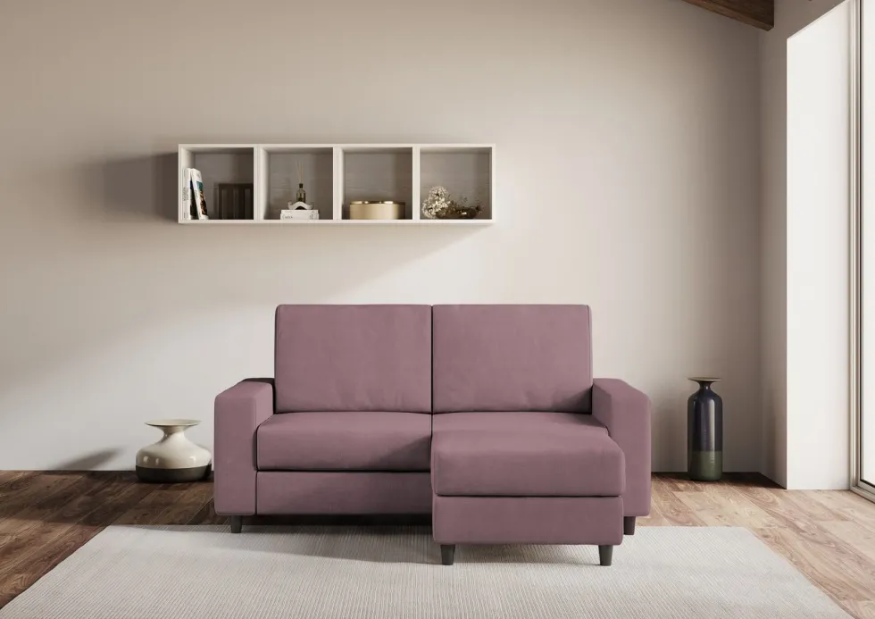 Divano 168x85cm design a due posti con bracciolo geometrico con pouf idrorepellente prugna DI16