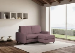 Divano 168x85cm design a due posti con bracciolo geometrico con pouf idrorepellente prugna DI16