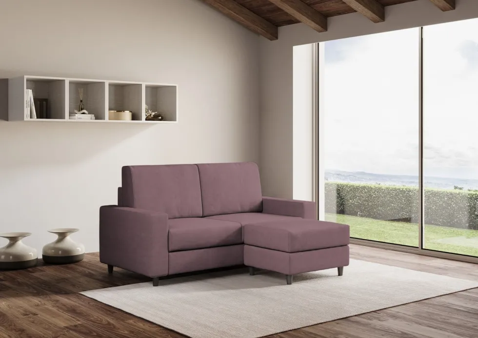 Divano 168x85cm design a due posti con bracciolo geometrico con pouf idrorepellente prugna DI16