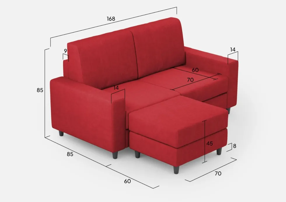 Divano 168x85cm design a due posti con bracciolo geometrico con pouf idrorepellente rosso DI16