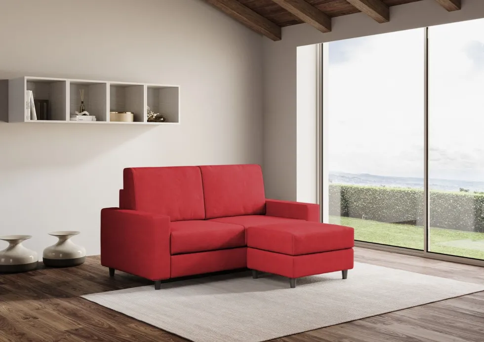 Divano 168x85cm design a due posti con bracciolo geometrico con pouf idrorepellente rosso DI16