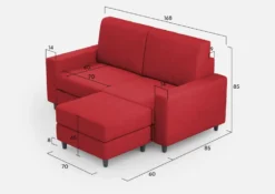 Divano 168x85cm design a due posti con bracciolo geometrico con pouf idrorepellente rosso DI16