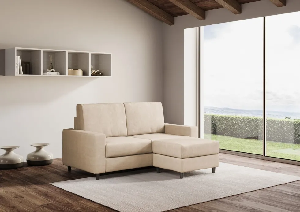 Divano 168x85cm design a due posti con bracciolo geometrico con pouf idrorepellente beige DI16