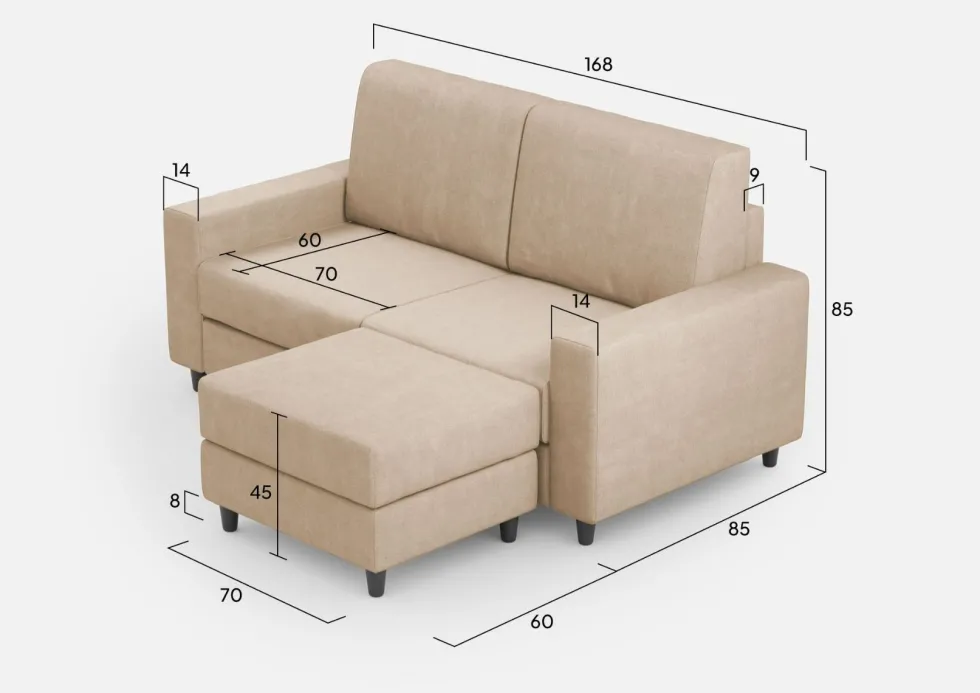 Divano 168x85cm design a due posti con bracciolo geometrico con pouf idrorepellente beige DI16