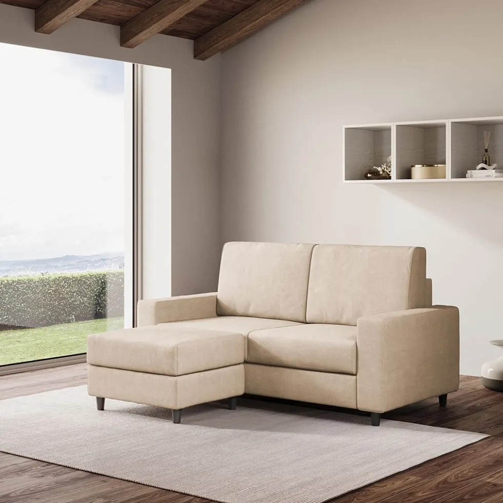 Divano 168x85cm design a due posti con bracciolo geometrico con pouf idrorepellente beige DI16