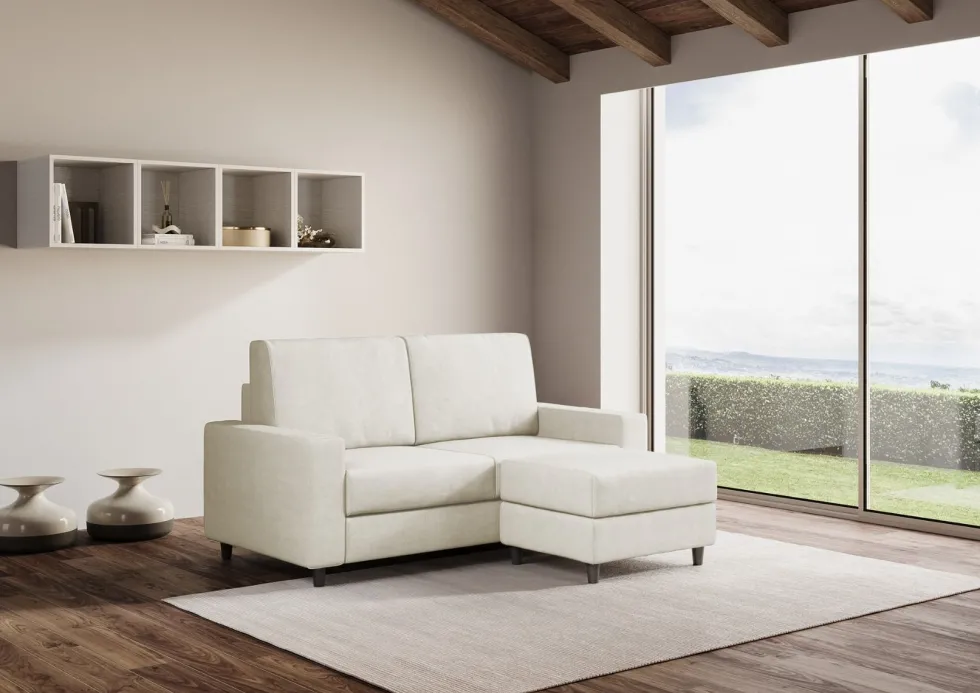 Divano 168x85cm design a due posti con bracciolo geometrico con pouf idrorepellente bianco latte DI16