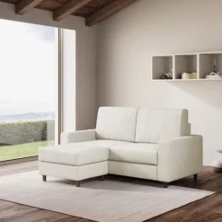 Divano 168x85cm design a due posti con bracciolo geometrico con pouf idrorepellente bianco latte DI16