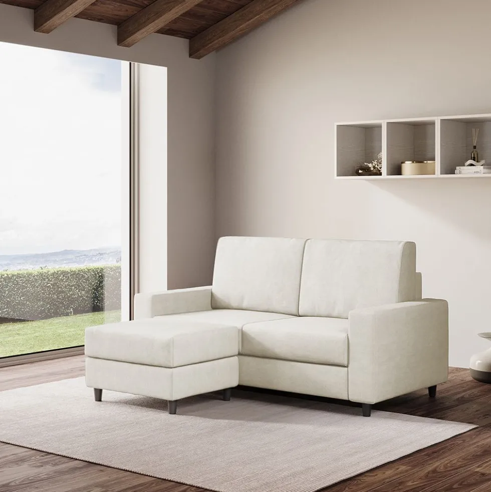 Divano 168x85cm design a due posti con bracciolo geometrico con pouf idrorepellente bianco latte DI16