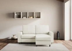 Divano 168x85cm design a due posti con bracciolo geometrico con pouf idrorepellente bianco latte DI16