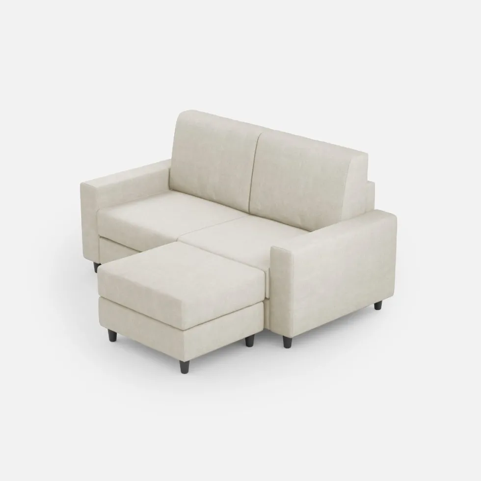 Divano 168x85cm design a due posti con bracciolo geometrico con pouf idrorepellente bianco latte DI16