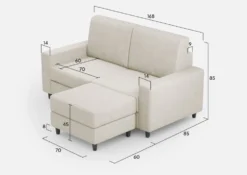 Divano 168x85cm design a due posti con bracciolo geometrico con pouf idrorepellente bianco latte DI16