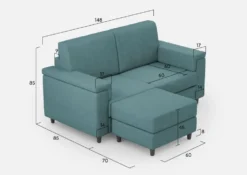 Divano 148x85cm design a due posti con bracciolo squadrato e con pouf blu petrolio DI4