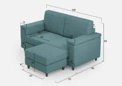 Divano 148x85cm design a due posti con bracciolo squadrato e con pouf blu petrolio DI4