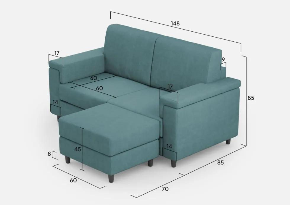 Divano 148x85cm design a due posti con bracciolo squadrato e con pouf blu petrolio DI4