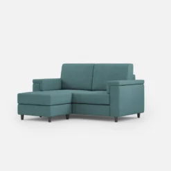 Divano 148x85cm design a due posti con bracciolo squadrato e con pouf blu petrolio DI4