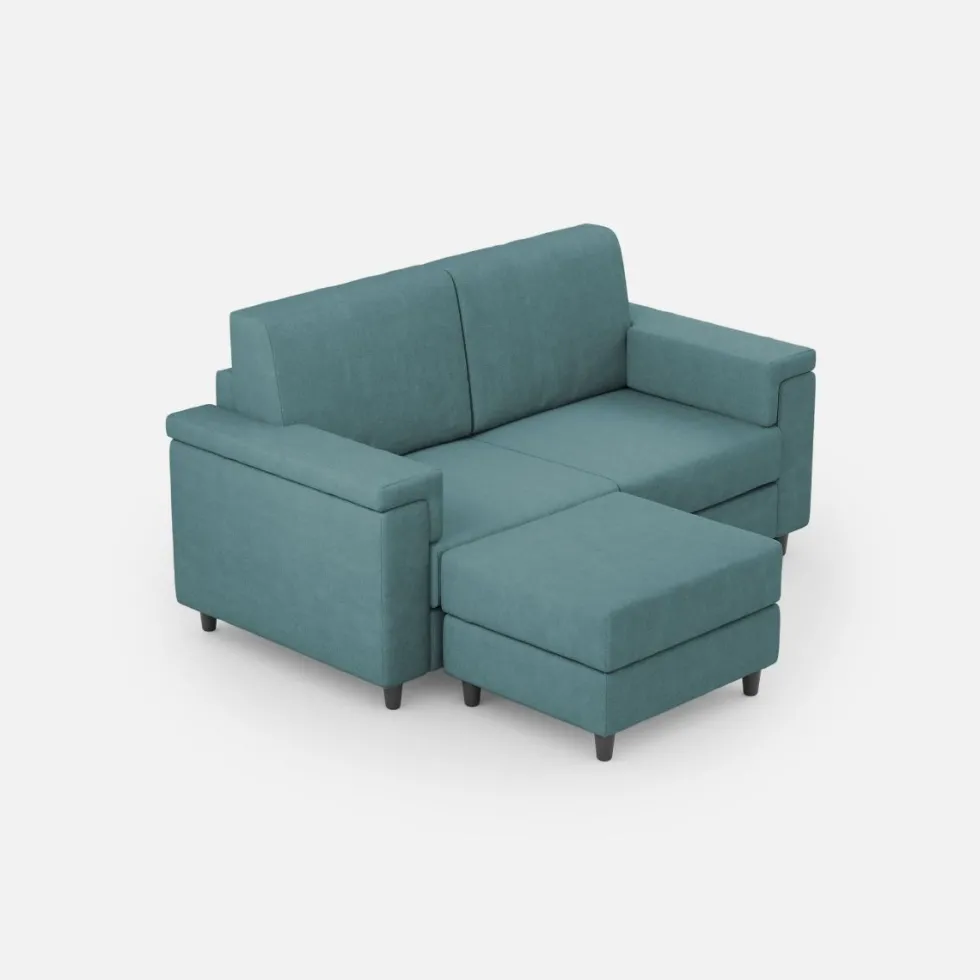 Divano 148x85cm design a due posti con bracciolo squadrato e con pouf blu petrolio DI4