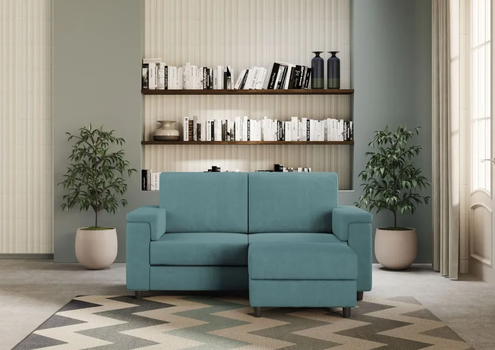 Divano 148x85cm design a due posti con bracciolo squadrato e con pouf blu petrolio DI4