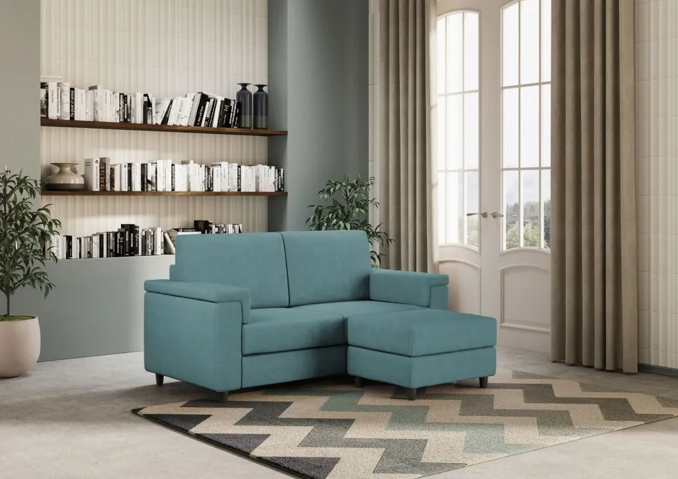 Divano 148x85cm design a due posti con bracciolo squadrato e con pouf blu petrolio DI4
