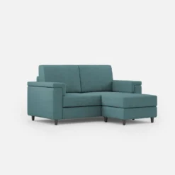 Divano 148x85cm design a due posti con bracciolo squadrato e con pouf blu petrolio DI4