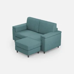 Divano 148x85cm design a due posti con bracciolo squadrato e con pouf blu petrolio DI4