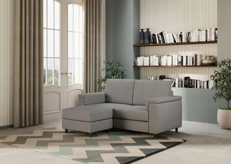 Divano 148x85cm design a due posti con bracciolo squadrato e con pouf grigio DI4