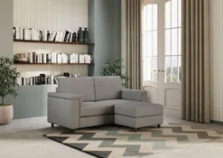 Divano 148x85cm design a due posti con bracciolo squadrato e con pouf grigio DI4