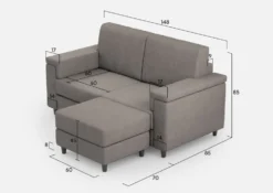 Divano 148x85cm design a due posti con bracciolo squadrato e con pouf grigio DI4