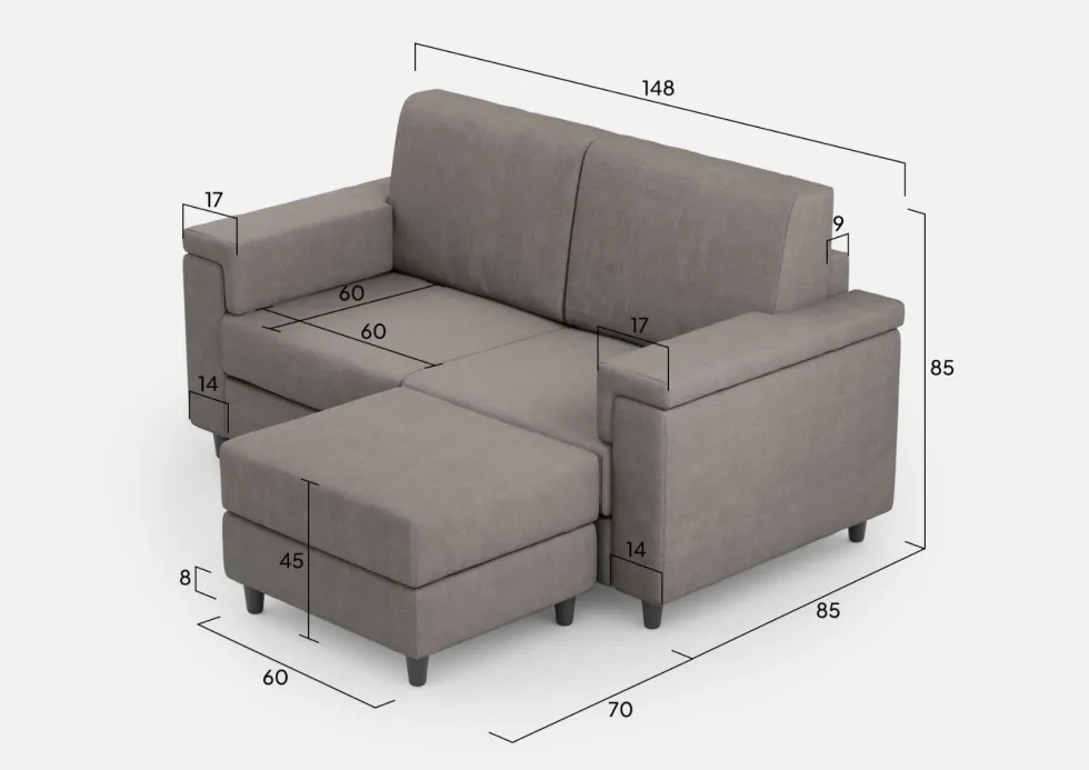 Divano 148x85cm design a due posti con bracciolo squadrato e con pouf grigio DI4