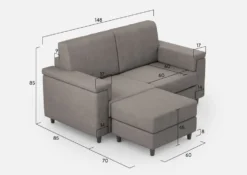 Divano 148x85cm design a due posti con bracciolo squadrato e con pouf grigio DI4