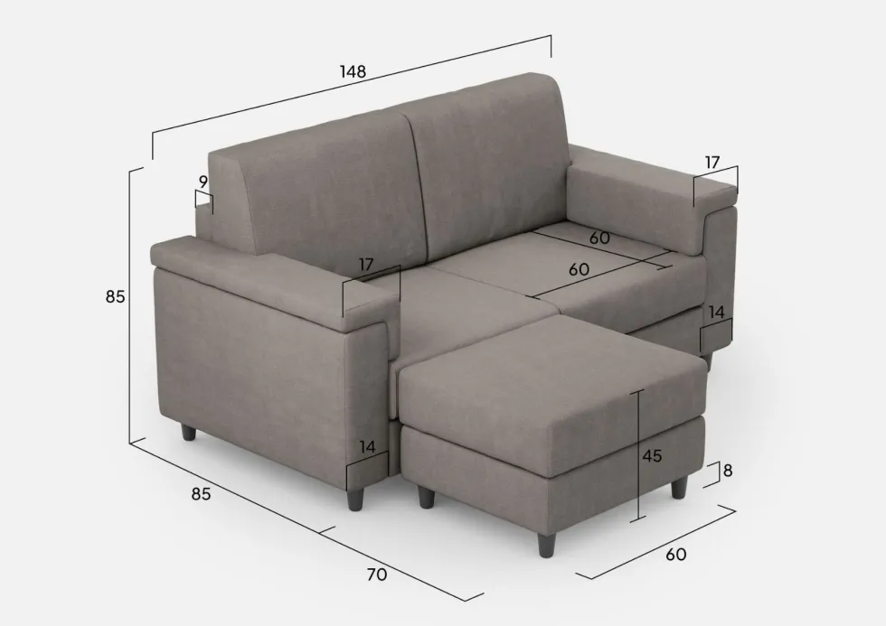 Divano 148x85cm design a due posti con bracciolo squadrato e con pouf grigio DI4