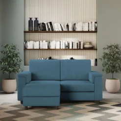 Divano 148x85cm design a due posti con bracciolo squadrato e con pouf blu avio DI4
