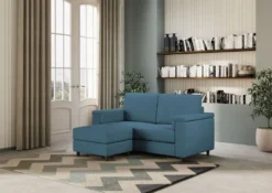 Divano 148x85cm design a due posti con bracciolo squadrato e con pouf blu avio DI4