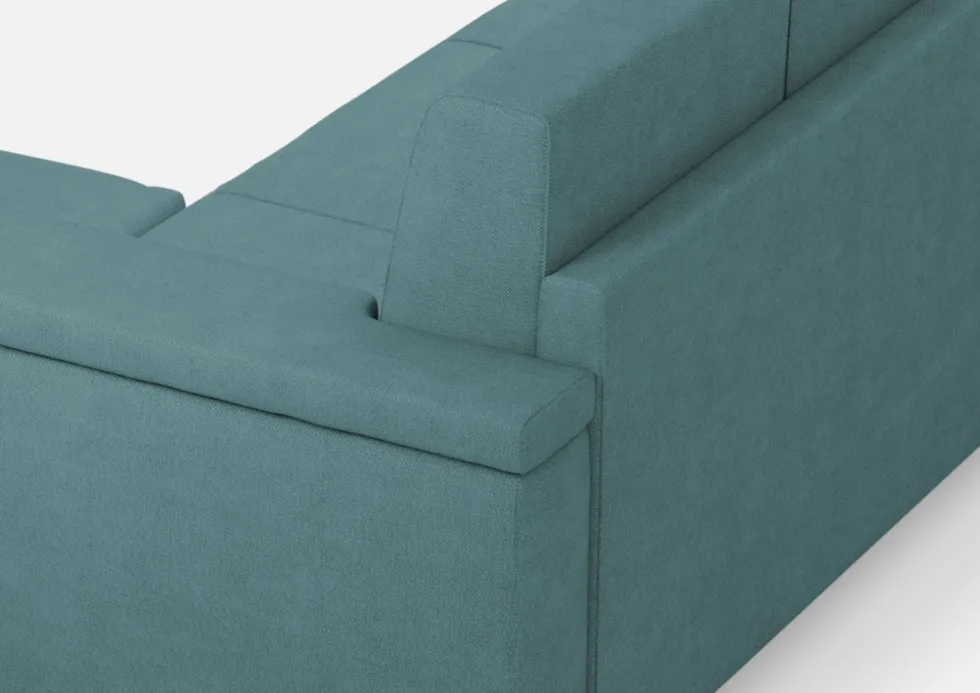 Divano 168x85cm design a due posti con bracciolo squadrato e pouf stoffa idrorepellente blu petrolio DI5