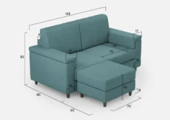 Divano 168x85cm design a due posti con bracciolo squadrato e pouf stoffa idrorepellente blu petrolio DI5