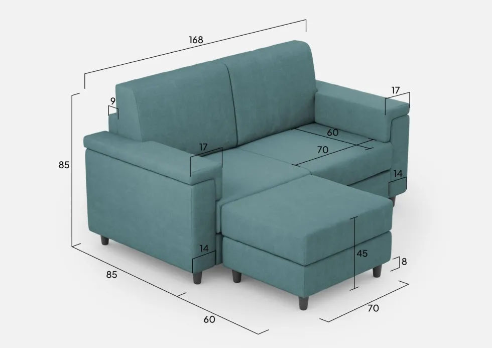 Divano 168x85cm design a due posti con bracciolo squadrato e pouf stoffa idrorepellente blu petrolio DI5
