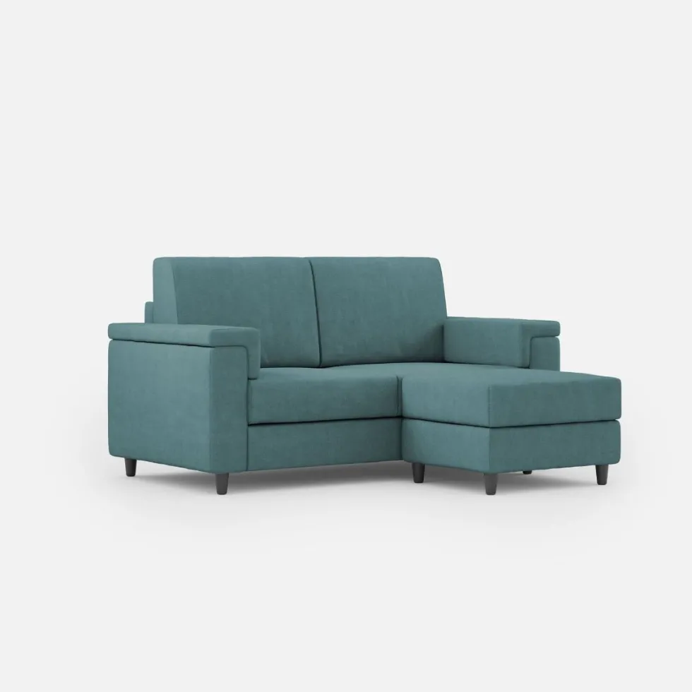 Divano 168x85cm design a due posti con bracciolo squadrato e pouf stoffa idrorepellente blu petrolio DI5