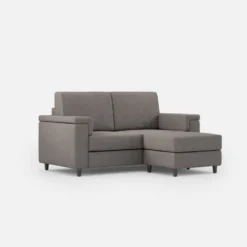 Divano 168x85cm design a due posti con bracciolo squadrato e pouf stoffa idrorepellente grigio DI5