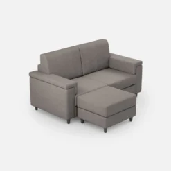 Divano 168x85cm design a due posti con bracciolo squadrato e pouf stoffa idrorepellente grigio DI5