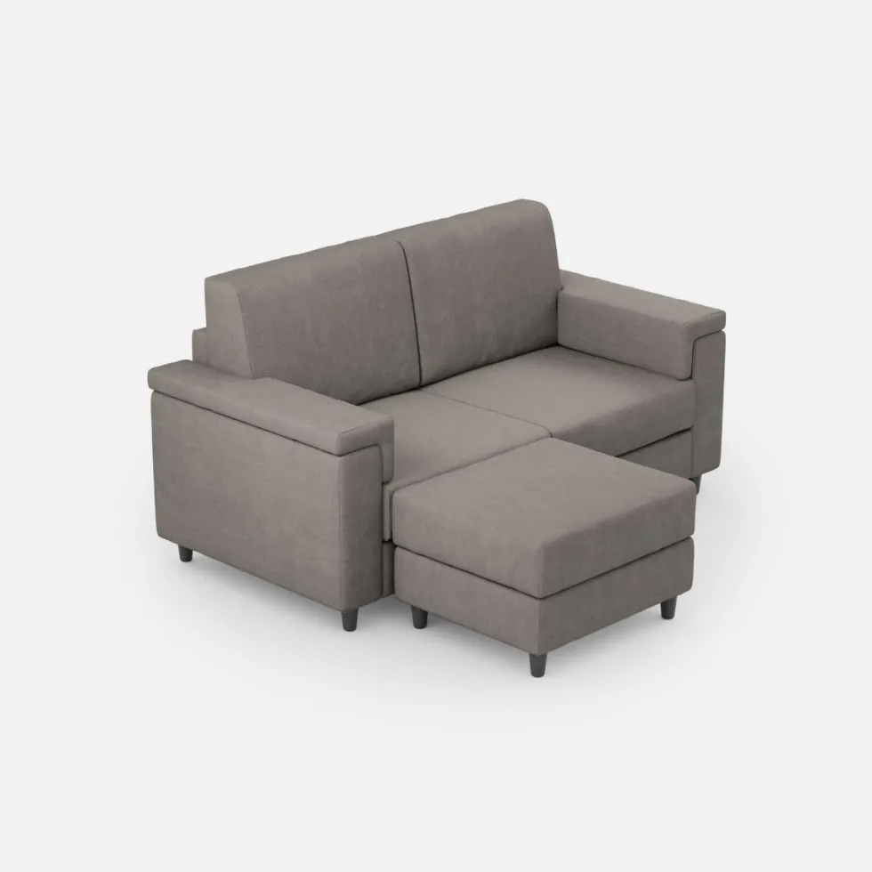 Divano 168x85cm design a due posti con bracciolo squadrato e pouf stoffa idrorepellente grigio DI5