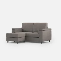 Divano 168x85cm design a due posti con bracciolo squadrato e pouf stoffa idrorepellente grigio DI5