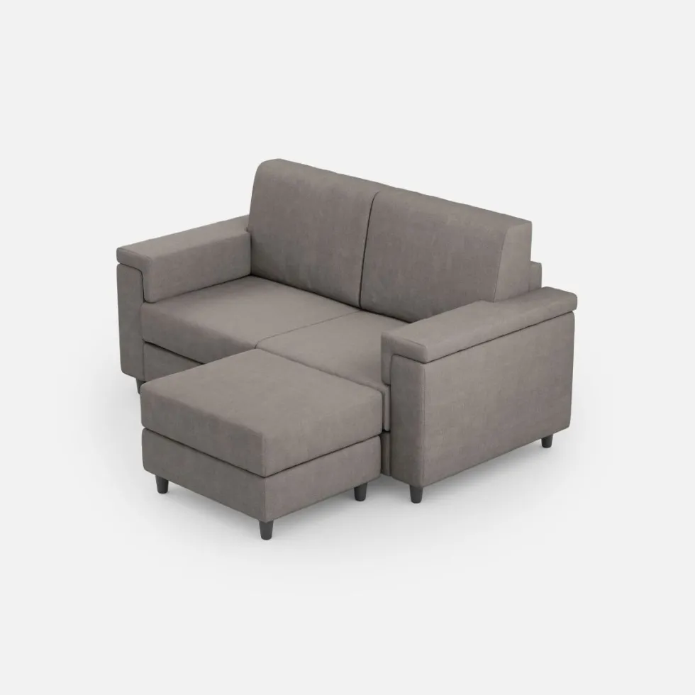 Divano 168x85cm design a due posti con bracciolo squadrato e pouf stoffa idrorepellente grigio DI5
