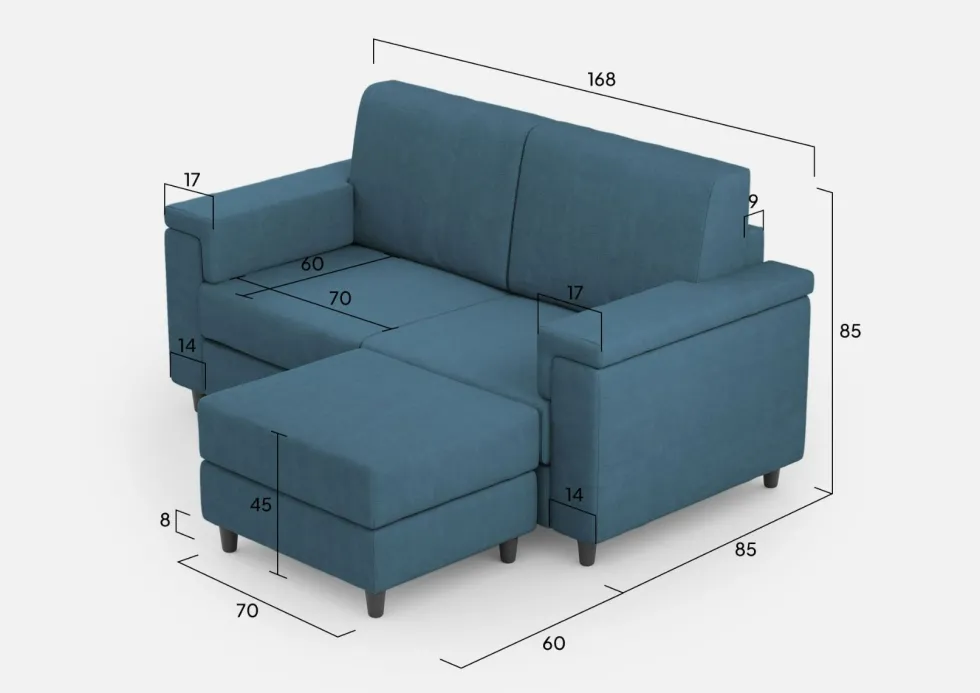 Divano 168x85cm design a due posti con bracciolo squadrato e pouf stoffa idrorepellente blu avio DI5