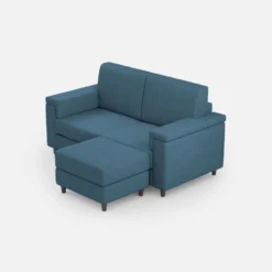 Divano 168x85cm design a due posti con bracciolo squadrato e pouf stoffa idrorepellente blu avio DI5