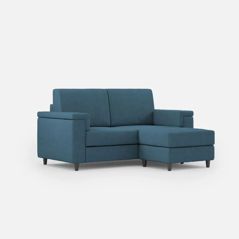 Divano 168x85cm design a due posti con bracciolo squadrato e pouf stoffa idrorepellente blu avio DI5