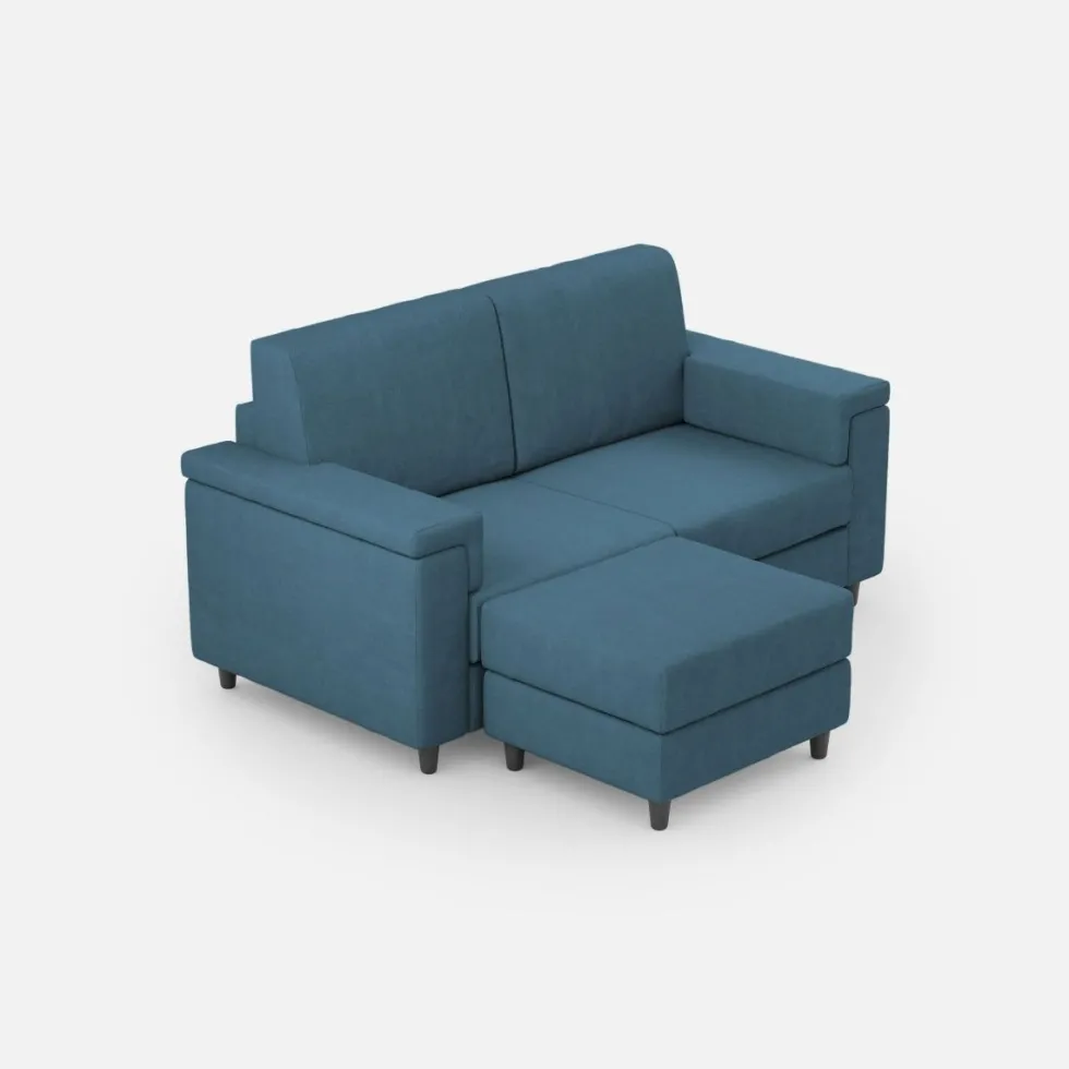 Divano 168x85cm design a due posti con bracciolo squadrato e pouf stoffa idrorepellente blu avio DI5