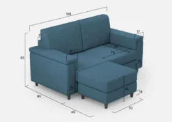 Divano 168x85cm design a due posti con bracciolo squadrato e pouf stoffa idrorepellente blu avio DI5