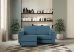 Divano 168x85cm design a due posti con bracciolo squadrato e pouf stoffa idrorepellente blu avio DI5